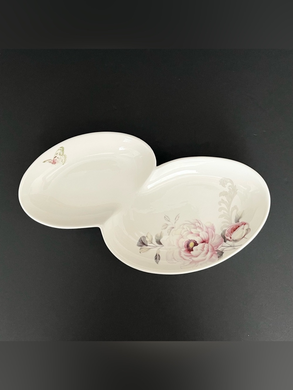 Lorren Home Trends Italy Farfalla Ceramic Trinket Dish Peonies Pink Floral Oval